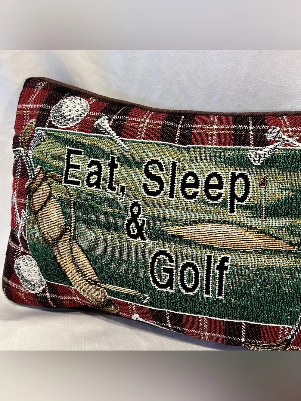 Vintage Eat Sleep & Golf Red Plaid Woven Tapestry Accent Pillow